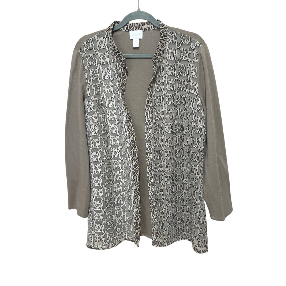 Chico's Leopard Print Sheer Mesh Cut-Outs Ponte Knit Cardigan‎ Jacket Size 2 (L)